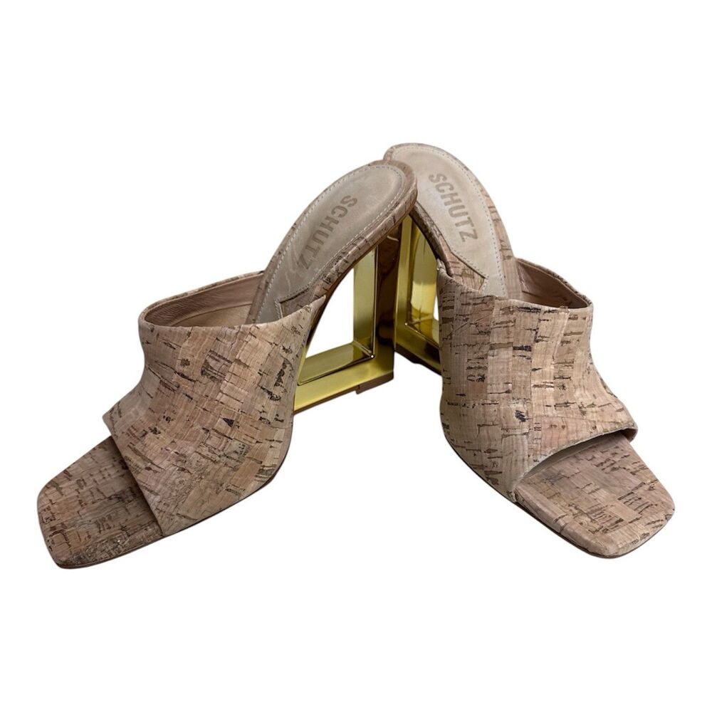 Rare Schutz Cork High Heel Sandals 7.5 Gold Platform Wedge Luxury Made In Brazil